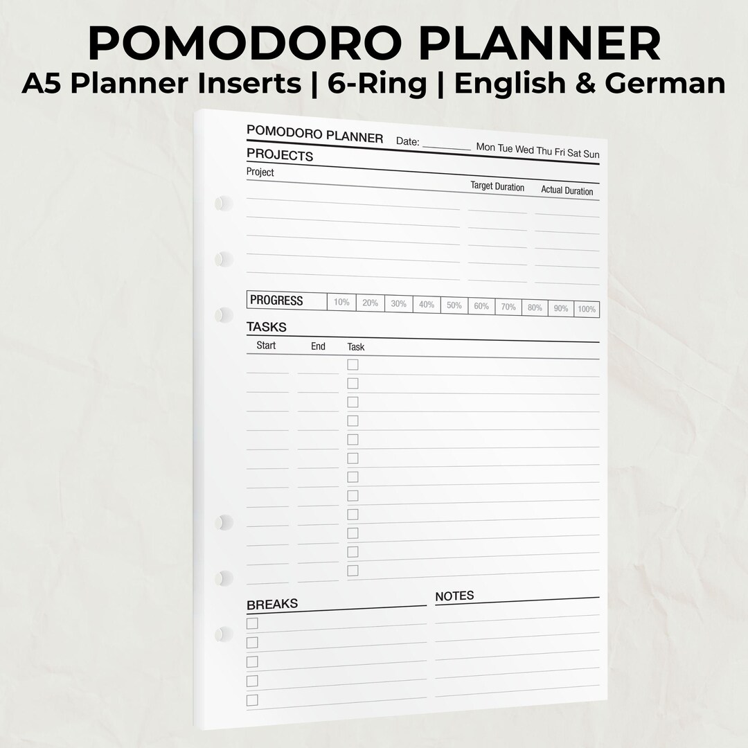 Pomodoro Planner – A5 Inserts | 30 Sheets for Time Blocking, Focus ...
