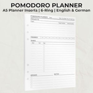 Könnte beinhalten: Weiße A5 Pomodoro-Planereinlagen mit 6-Ring-Design. Der Planer enthält Abschnitte für Projekte, Aufgaben und Pausen mit einem Fortschritts-Tracker. Auf dem Planer steht "POMODORO PLANNER" und "English & German."