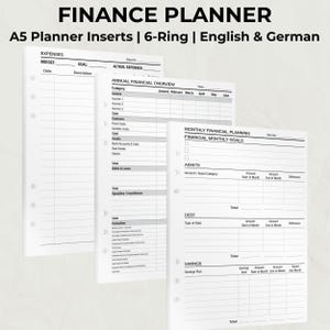 Könnte beinhalten: Weiße A5-Planereinlagen mit 6-Ring-Bindung. Die Einlagen enthalten Abschnitte für Ausgaben, Jahresfinanzübersicht und monatliche Finanzplanung. Auf den Einlagen steht "FINANCE PLANNER" und "English & German".