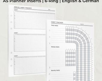 Pode incluir: Inserções de planejador A5 brancas com modelos de rastreamento de hábitos. As inserções incluem rastreadores de hábitos anuais, diários, semanais e mensais. O texto "HABIT TRACKER" e "A5 Planner Inserts | 6-Ring | English & German" são visíveis.