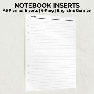 Könnte beinhalten: Weiße A5-Notizbucheinsätze mit linierten Seiten. Die Einsätze sind 6-fach gelocht und tragen oben den Text "NOTES". Die Produktbeschreibung enthält den Text "NOTEBOOK INSERTS A5 Planner Inserts | 6-Ring | English & German".