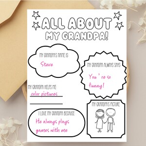 All About my Grandpa Printable, Digital Download Father&#39;s Day Gift for Grandpa