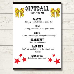 Printable Softball Survival Kit | Softball Player Gift Idea | Softball Team Goodie Bag | Softball Treat Bag
