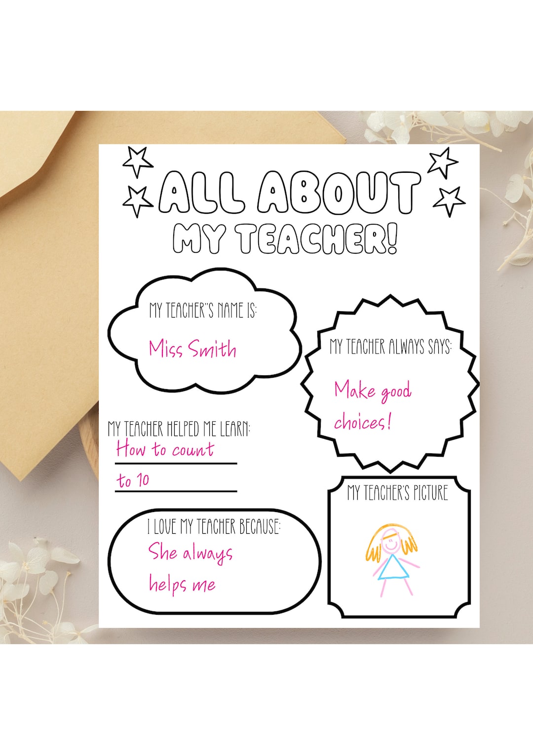 All About My Teacher Printable: End of Year Gift (digital Download) - Etsy