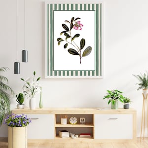 6 Green Striped Floral Art Prints | Grandmillenial Art | Nancy Meyers Inspired Botanical Print with Striped Mat Green Stripe Prints