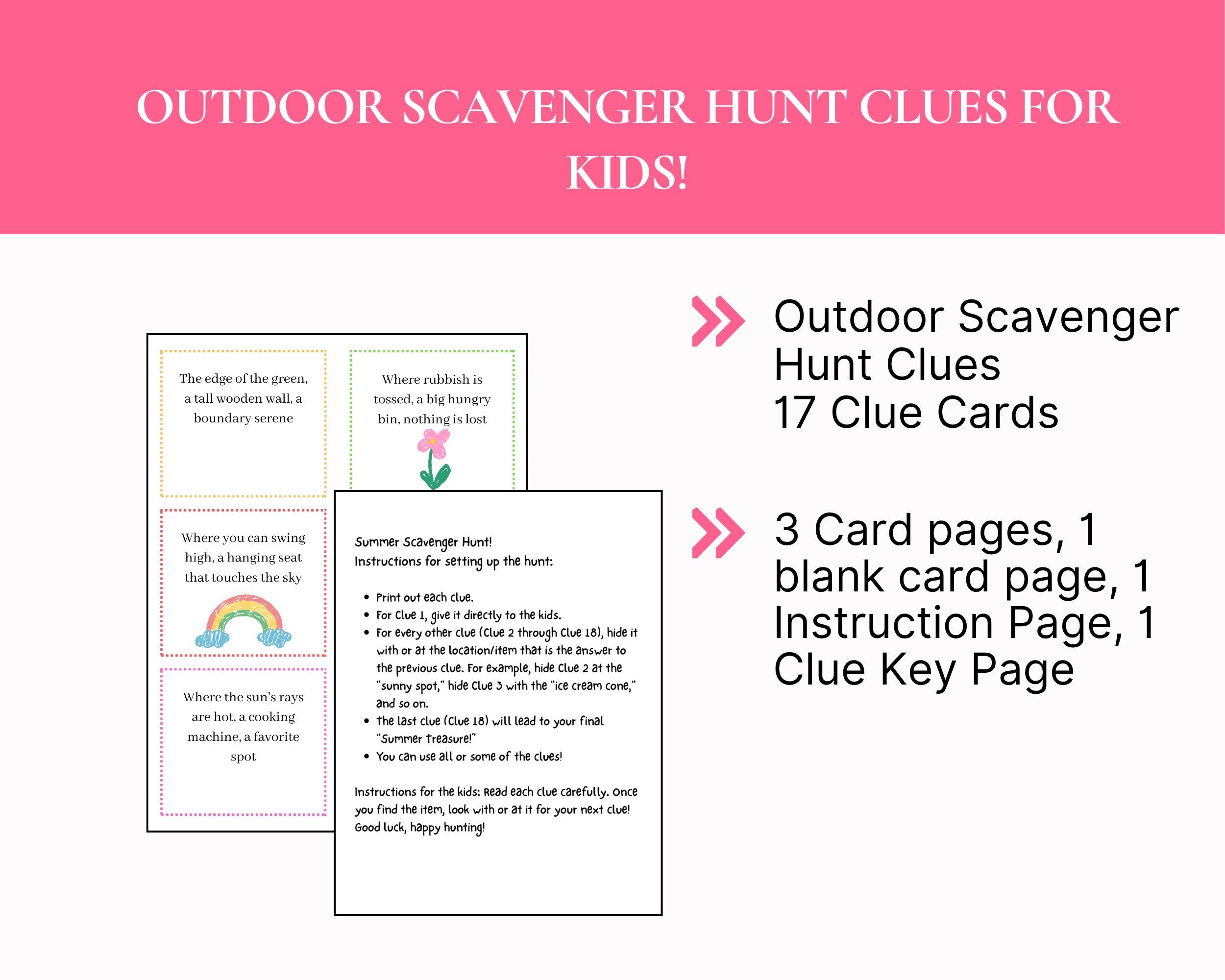 Outdoor Treasure Hunt Clues for Kids: Printable Scavenger Hunt Game ...