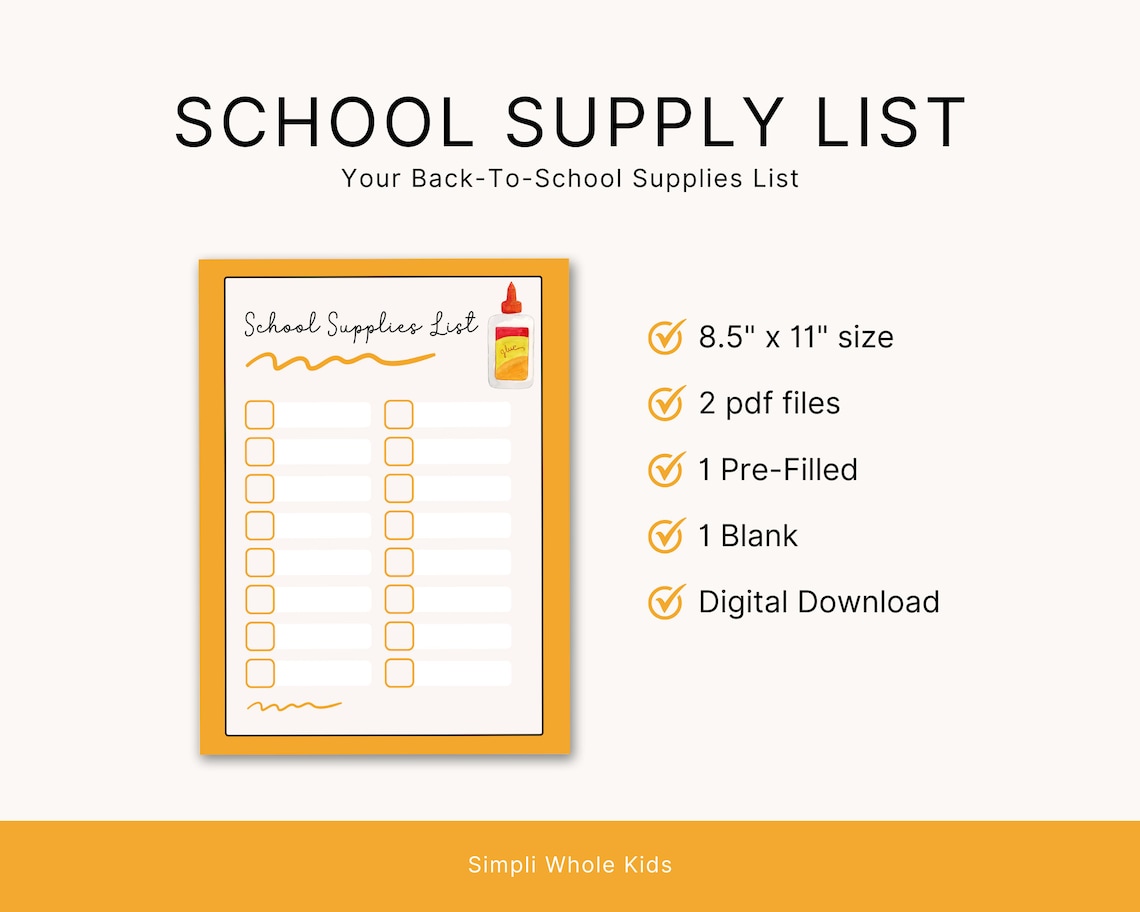 School Supply List, Back-to-school Supply Checklist, Printable School ...