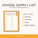 School Supply List, Back-to-school Supply Checklist, Printable School ...