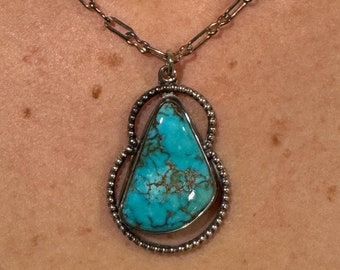 Vintage Nevada Blue Turquoise and Sterling Silver Pendant