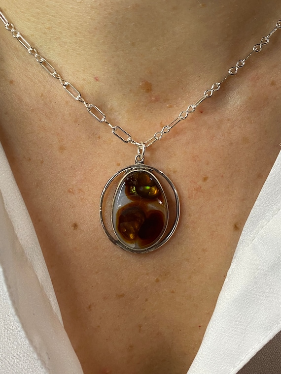 Vintage Fire Agate & Chalcedony Pendant