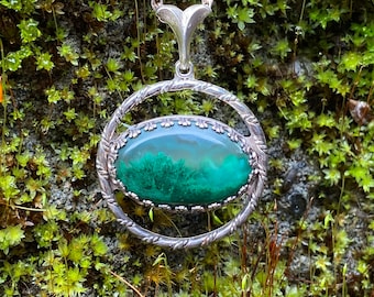 Rare Vintage Chalcedony and Sagenitic Chrysocolla with Sterling Silver Pendant