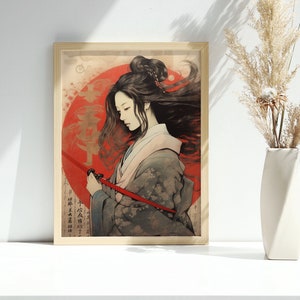 Arte digitale Samurai Woman Art - Decorazione della parete del guerriero giapponese - Illustrazione della spadaccina orientale