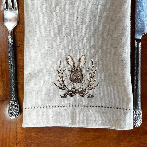 Vintage Bunny Machine Embroidered on Linen 100% Cotton Hemstitched Napkin