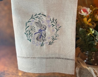 Easter Bunny with Floral Wreath Machine Embroidered on a Beige Hemstitched Kitchen / Hand / Guest / Bathroom Towel