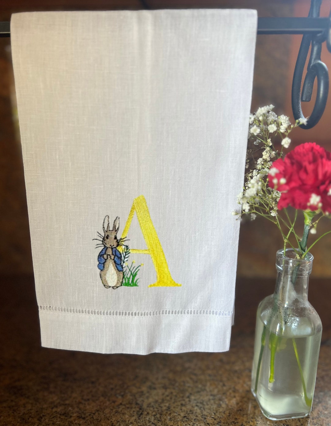 Monogrammed Peter Rabbit Machine Embroidered on White Hemstitched Hand ...