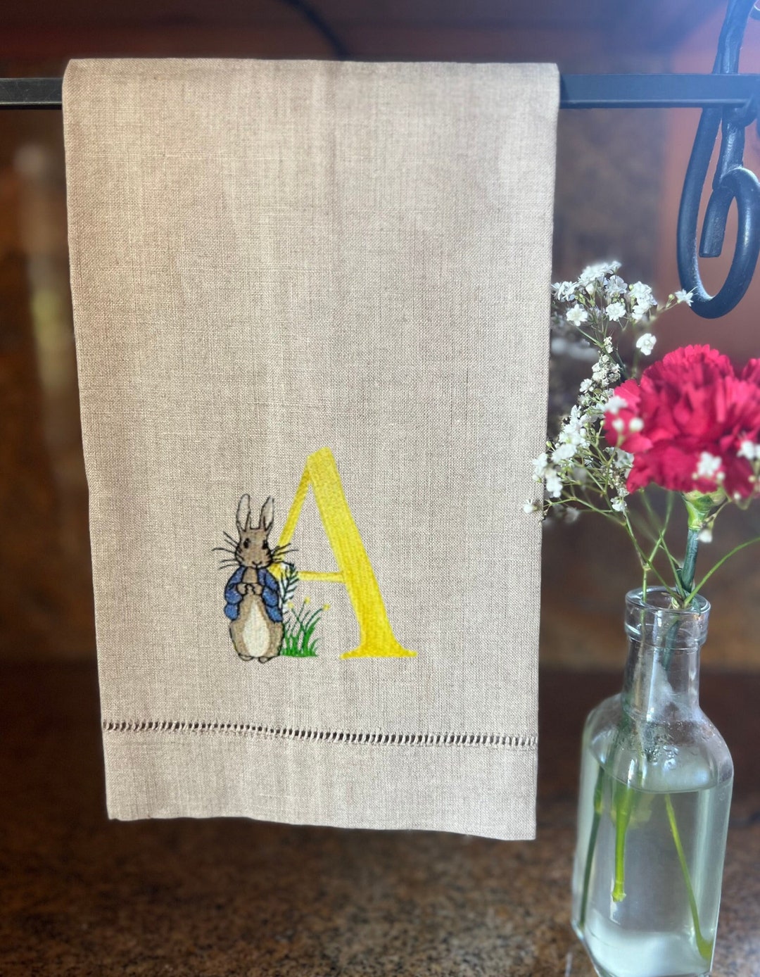 Monogrammed Peter Rabbit Machine Embroidered on Beige Hemstitched Hand ...