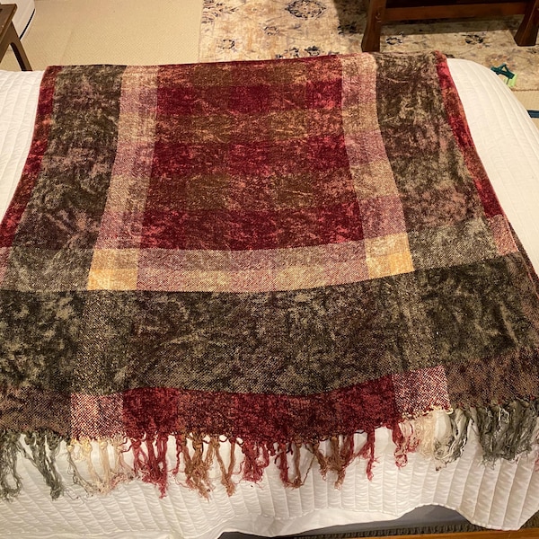 TEXTILLERY WEAVERS USA Manta con flecos burdeos, verde granate, tejido de 37 x 74 pulgadas, rara