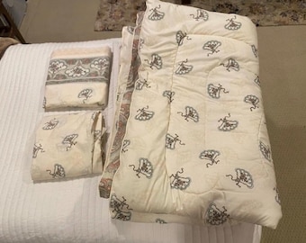 Vintage LOUIS NICHOLE Fan Design Twin Comforter Flat Sheet & Fitted Sheet Set