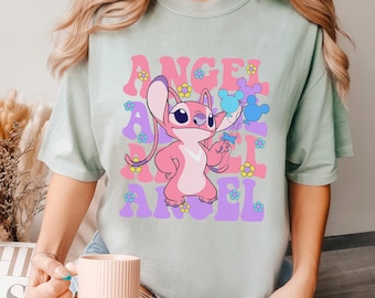 Disney Floral Angel Shirt, Comfort Colors, Cute Angel Shirt, Disney Balloons Stich Angel Tee, Disneyland Trip Shirt, Girly Disney Tee 193918