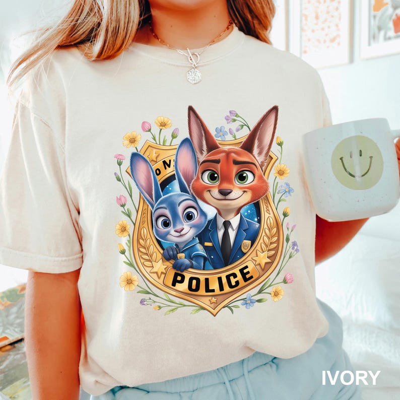 K&ouml;nnte beinhalten: Cremefarbenes T-Shirt mit einem Cartoon-Bild eines blauen Kaninchens und eines roten Fuchses in Polizeiuniformen, eingebettet in ein goldenes Abzeichen mit der Aufschrift "POLIZEI". Das Design ist von bunten Blumen umgeben. Ein wei&szlig;er Becher mit einem Smiley wird in der N&auml;he gehalten.