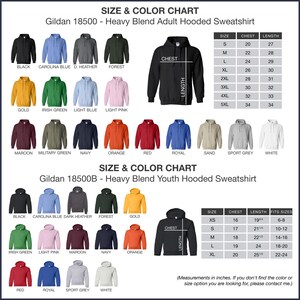 the size and color chart for a men's hoodie