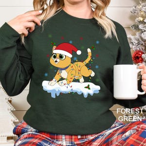 Puede incluir: Sudadera verde oscuro con un dise&ntilde;o festivo de gato de dibujos animados. El gato lleva un gorro de Pap&aacute; Noel y est&aacute; adornado con luces navide&ntilde;as, de pie sobre una base nevada. La sudadera tiene la frase "FOREST GREEN" impresa.