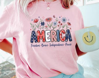 Floral American Flag Shirt, Comfort Colors, 4th Of July Women Shirt, Patriotic Independence Day Shirt, Fourth Of July USA Shirt 195551