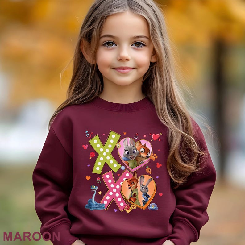 May include: A maroon sweatshirt featuring the characters from Zootopia. The design includes the characters in heart-shaped graphics with the letters "XO" in a playful font. The word "MAROON" is printed at the bottom of the sweatshirt.