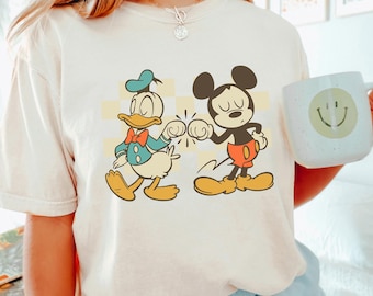 Retro Checkered Mickey and Donald Duck Fist Bump Shirt,Comfort Colors, Disney Best Friends Shirt, Disney Friendship Tee 192915