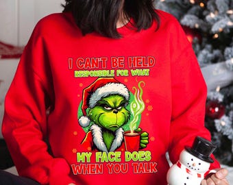 Sudadera con capucha "No me hago responsable de lo que mi cara hace cuando me hablas", divertida sudadera con capucha "El Grinch", cuello redondo "El Grinch navideño" 193939