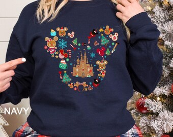 Sudadera con castillo de Disney de jengibre, sudadera con castillo navideño, sudadera con capucha navideña de Mickey y Minnie, cuello redondo familiar navideño de Disney 193789