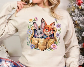 Floral Zootopia Police Badge Sweatshirt, Judy Hopps Sweatshirt, Nick Wilde Sweatshirt, Zootopia Hoodie, Zootopia Police Crewneck 193858