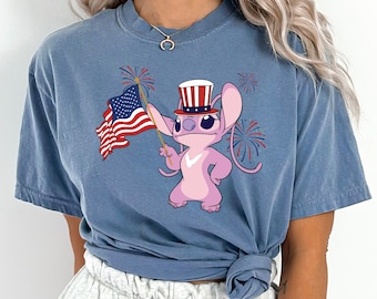 4th Of July Stitch And Angel Flag Shirt,July Fourth Stitch And Angel Flag Tee,Patriotic Shirt,Disney Independence Shirt,Comfourt Tee 191421