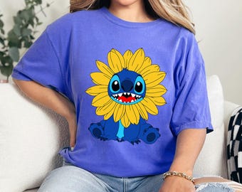 Stitch Sunflower Shirt, Comfort Colors, Disney Stitch Shirt, Disney Family Trip Shirt, Sunflower Shirt, Disney Stitch Floral Shirt 193548