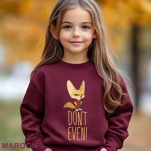 May include: Maroon sweatshirt with a cartoon fox and the words "DON'T EVEN!". The fox has large ears and a stern expression. The word "MAROON" is printed at the bottom of the sweatshirt.