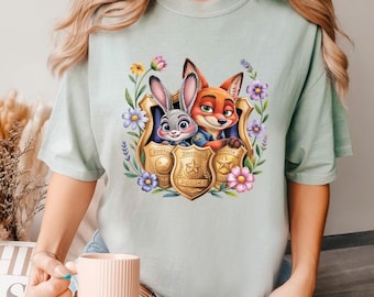 Floral Zootopia Police Badge Shirt, Comfort Colors, Judy Hopps Shirt, Nick Wilde Shirt, Zootopia Disney Shirt, Zootopia Police Tee 193858