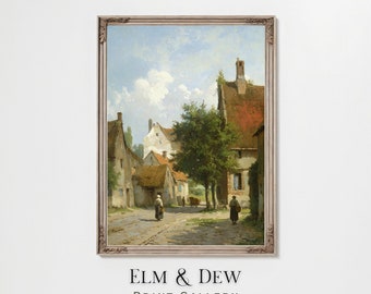 Vintage European Village Painting, Vintage Landscape, Cottage Decor, Neutral Wall Art, Farmhouse Print, Rustic Street Art, Digital Download