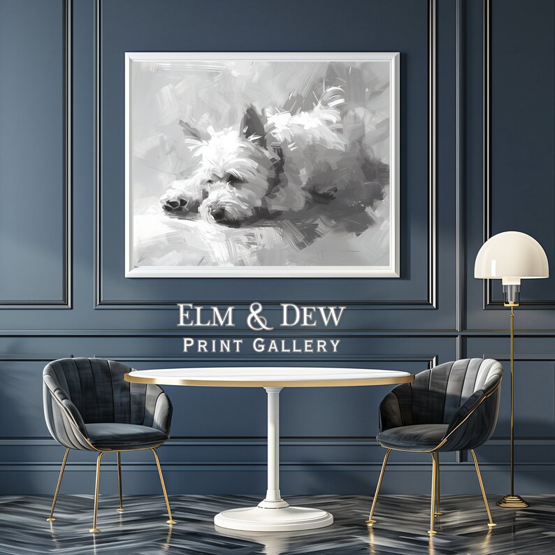 May include: A black and white painting of a white dog lying down. The painting is framed and hanging on a blue wall. The text "ELM & DEW PRINT GALLERY" is below the painting.