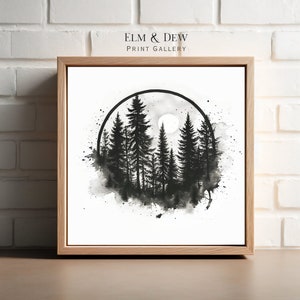 Printable Rustic Ink Forest, Black Ink Drawing, Minimalist Art, Nature Wall Art, Landscape Print, Tree Print, Circle Art, Digital Download