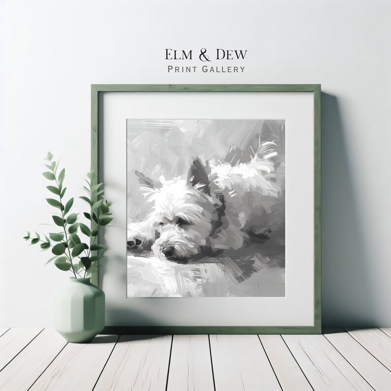 May include: Black and white painting of a small white dog lying down. The dog is in a relaxed pose with its head resting on its paws. The painting is framed in a green frame.