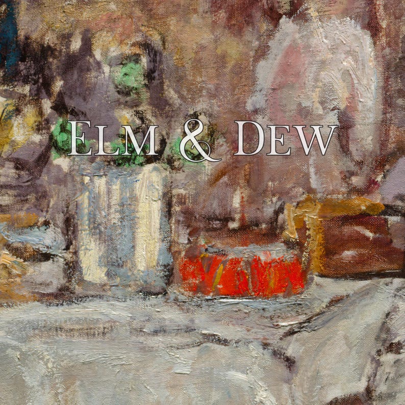 May include: An impressionistic painting with the text "ELM & DEW". The artwork features a still life with a red object, a green object, and a light blue object. The color palette includes shades of brown, white, and gray.