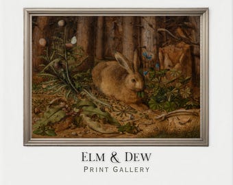Vintage Rabbit Painting, Woodland Animal Art, Forest Nature Print, Rustic Wildlife Decor, Wall Decor Gift, Printable Digital Download