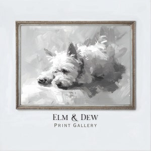 May include: A black and white painting of a West Highland White Terrier dog lying down. The dog is painted in a realistic style with soft brushstrokes. The background is a light grey with subtle brushstrokes.