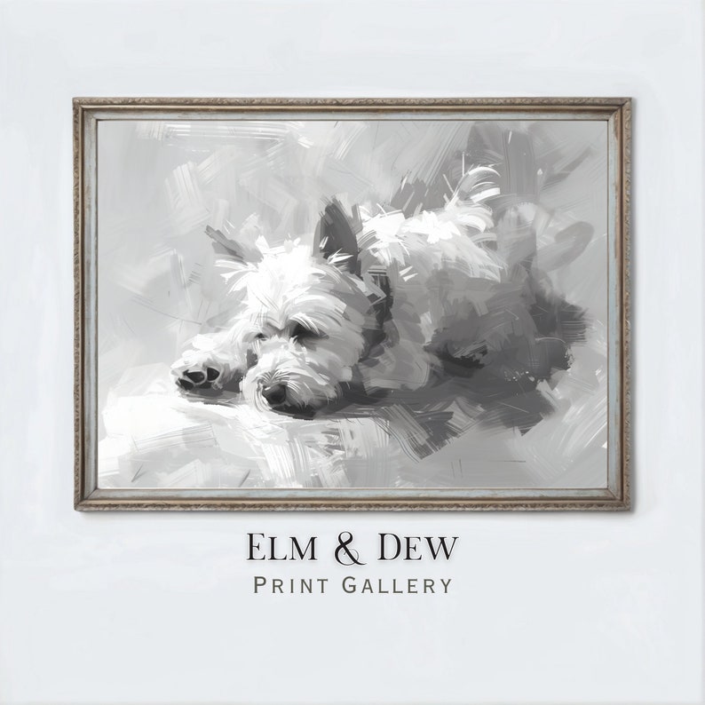 May include: A black and white painting of a West Highland White Terrier dog lying down. The dog is painted in a realistic style with soft brushstrokes. The background is a light grey with subtle brushstrokes.