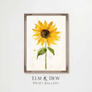 Modern Watercolor Sunflower Painting, Floral Wall Art, Modern Home Decor, Sunflower Artwork, Botanical Print, Summer Art, Digital Download.