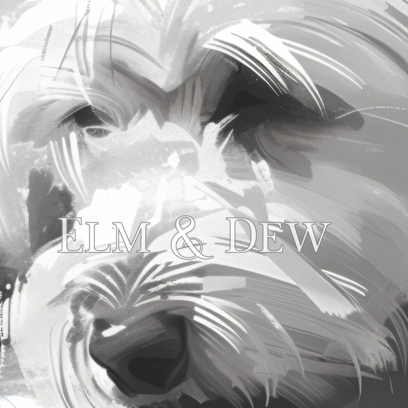 May include: A black and white abstract painting of a dog's face with the text "ELM & DEW" in the centre.