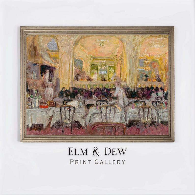 May include: A framed print of an impressionist painting depicting a restaurant scene. The artwork features tables with white tablecloths, chairs, and figures of people. The color palette includes warm tones of yellow, pink, and brown. The text "ELM & DEW PRINT GALLERY" is at the bottom.