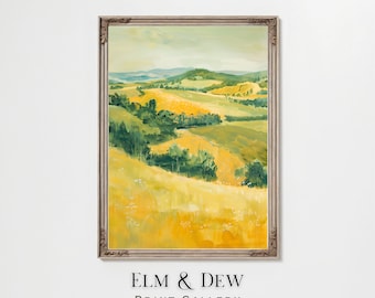 Rustic Countryside Print, Landscape Painting, Golden Fields Painting, Farmhouse Decor, Warm Toned Wall Art, Digital Download