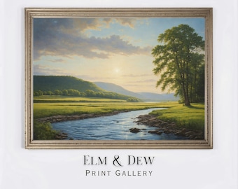 River in the Meadow Painting, Summer Art, Digital Print