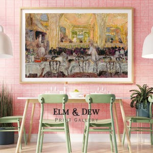 May include: A framed print of an impressionist painting depicting a restaurant scene with tables, chairs, and figures. The print is displayed above a table with green chairs. The text "ELM & DEW PRINT GALLERY" is below the table.